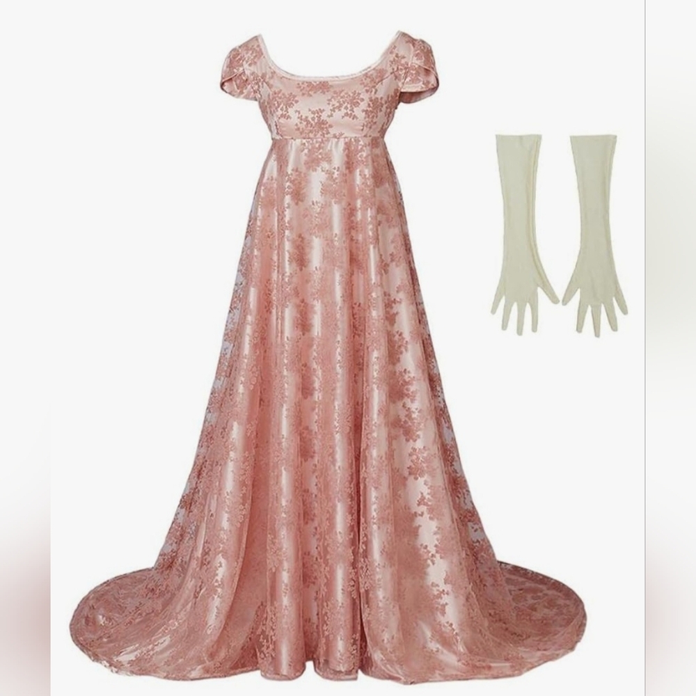 Edwina Sharma Regency Dress Empire High Waist Line Pink Lace L